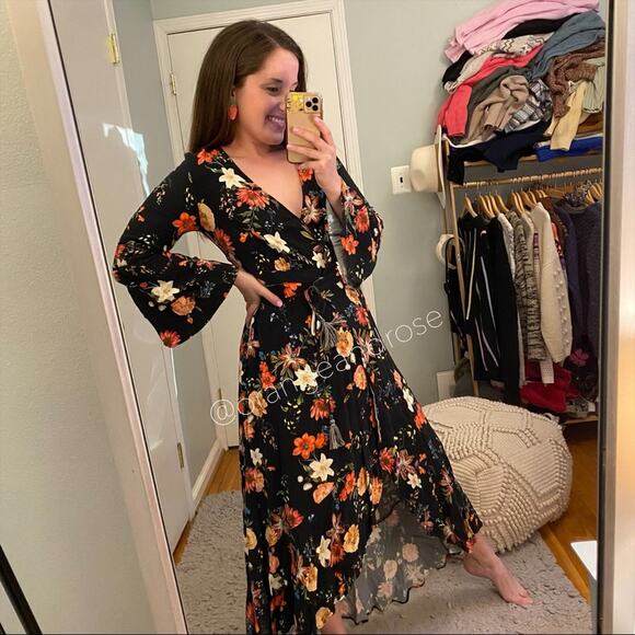 FARM Rio Brazil Black Floral Wrap Front Long Sleeve Maxi Dress Tropical XS - Picture 16 of 16